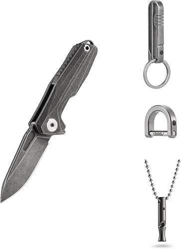 KeyUnity Mini cuchillo plegable de titanio, clip para cinturón de llavero, anillo D y silbato EDC, hoja M390, dureza HRC61, corte ligero, uso de