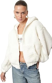 سويت شيرت TWOAW25SW00238 محبوك سميك بغطاء للراس وسوستة للنساء قطيفة بقصة عادية، من ترنديول بلون بيج فاتح (اكرو)