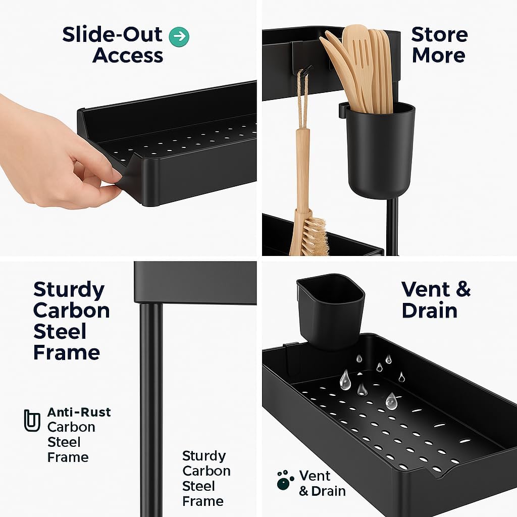 Under Sink Organizer – 2 Tier Sliding cabinet organizer with 4 Hooks & 1 Cup | Multi-Purpose Space Saving Shelf for under kitchen sink storage, Countertop, Bathroom, Pantry & Office Organization - Image 5