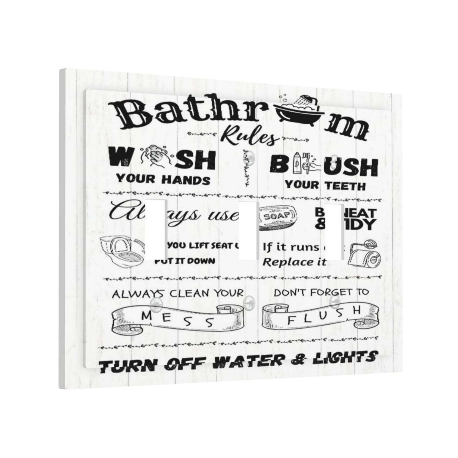 Bathroom Rules Light Switch Cover Triple Toggle Wall Plate Decorative 3 Gang Switchplate Funny Sign Bath Tub Electrical Faceplate for Bathroom