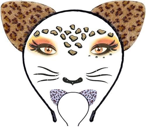 Leopard Cat Ears Headband with Face Art Decor Stickers, Cheetah Print Costume Accessory Set for Halloween Cosplay Makeup