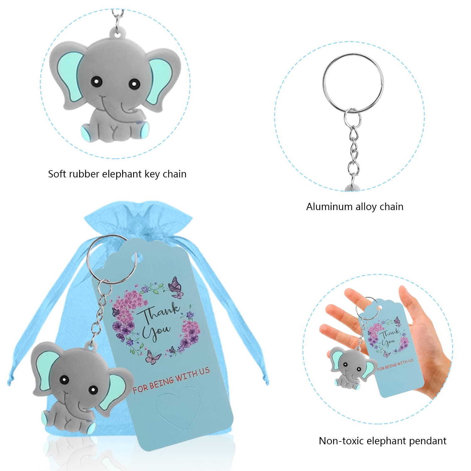 Bomboniere Battesimo Blu - Set 30 Portachiavi Elefante Con Sacchetti Ed Etichette - Foto 8
