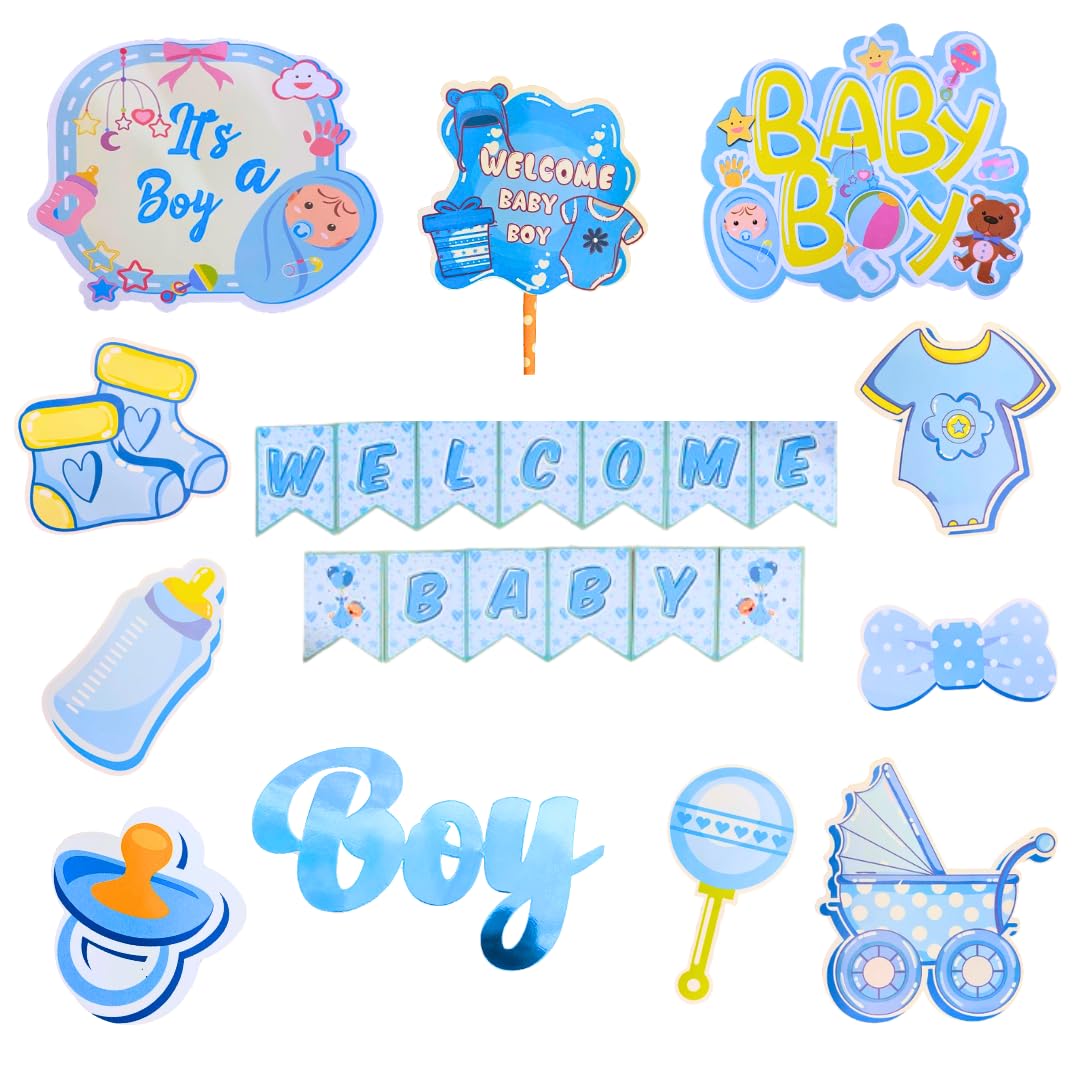 Wanna Party 12 Pcs "It’s a Boy" Combo Set – Includes 10 Photo Props & 1 Cake Topper for Newborn Arrival Celebrations, Baby Shower Décor, Gender Reveal & Hospital Room Decoration Items