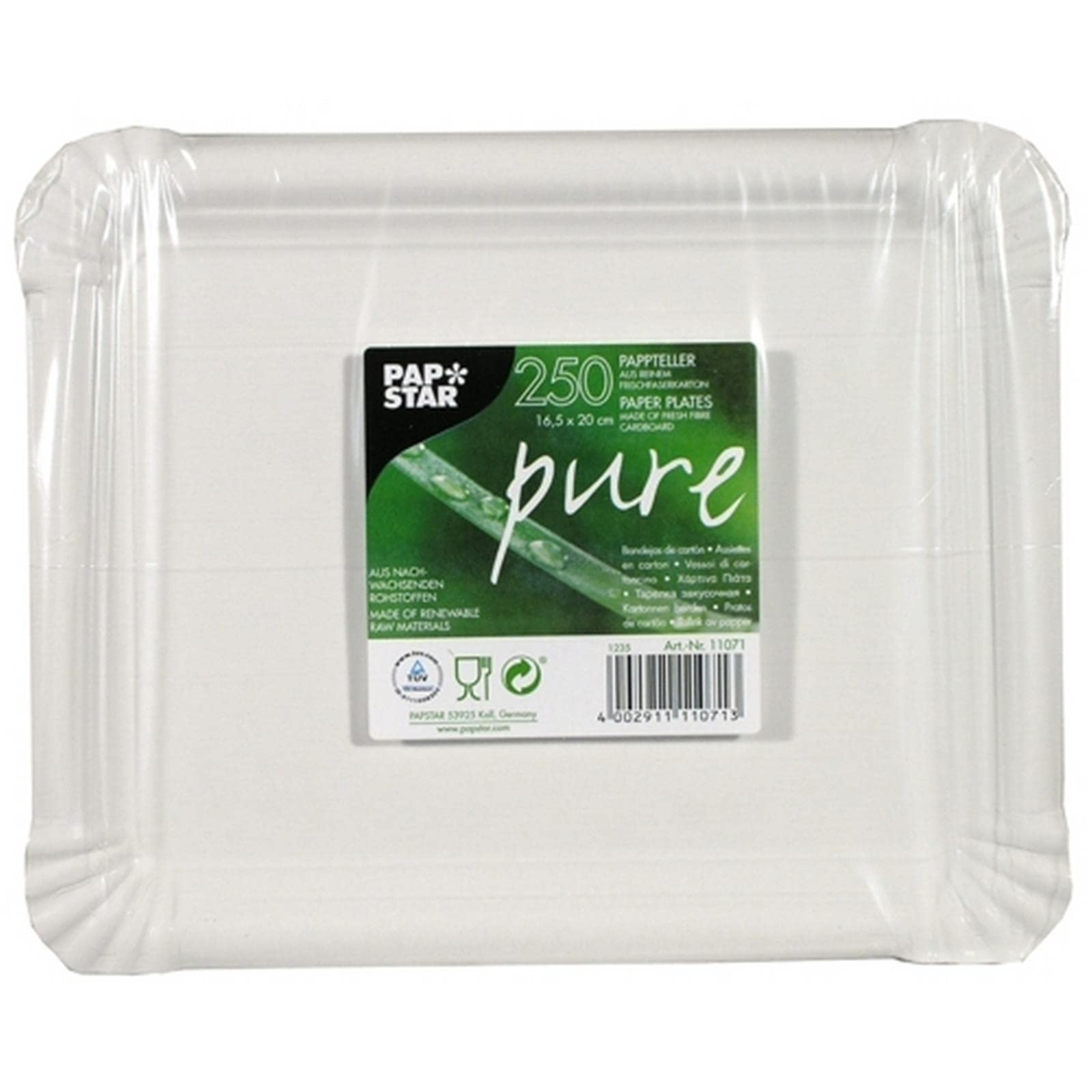 Papstar Vassoi Rettangolari Pure 16,5x20 Cm – 250 Pezzi, Cartoncino 100% Fibra Vergine, Compostabili, Certificati FSC E Sicuri Per Alimenti, Bianco