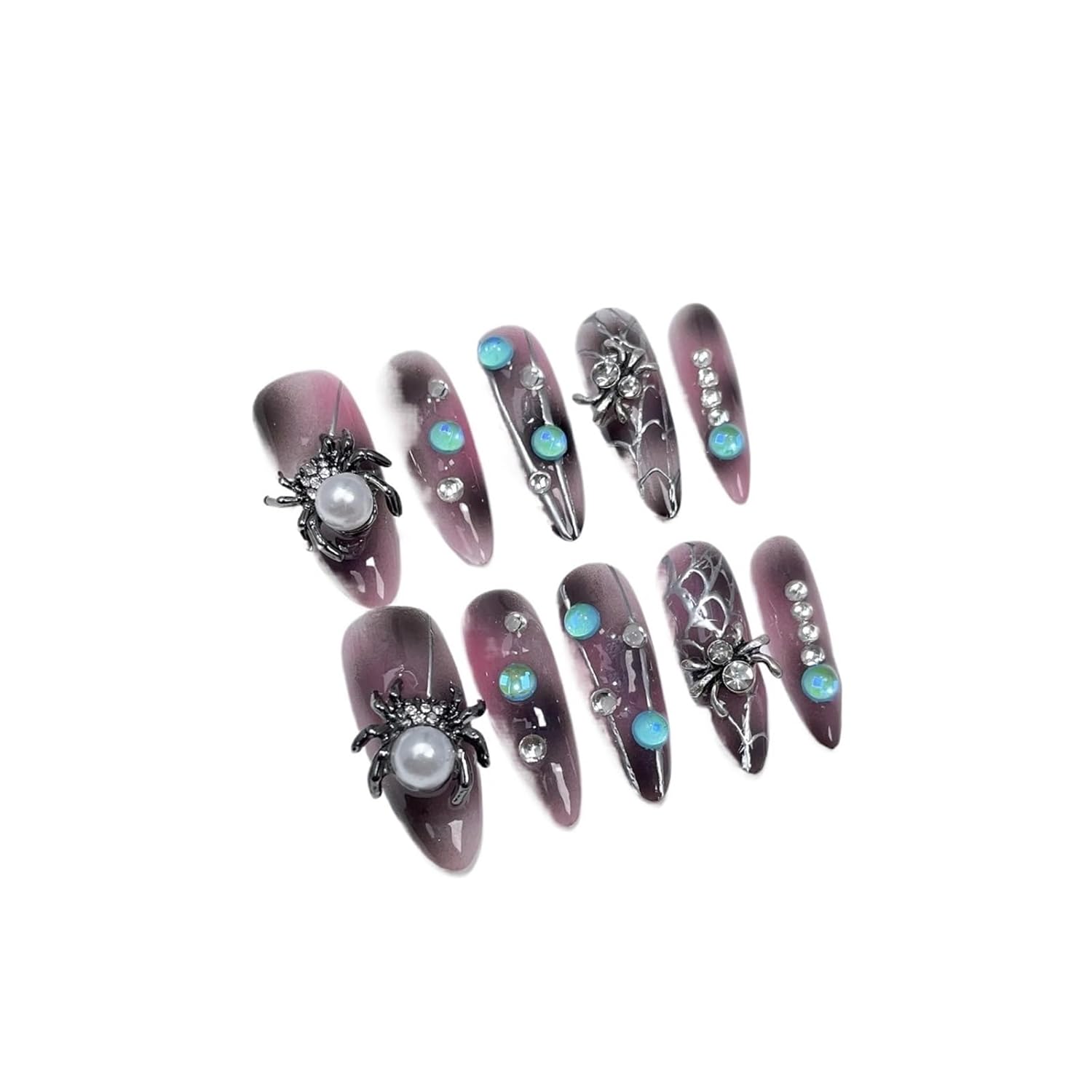 10pcs Handmade Long Almond Press On Nails Sweet Cool Spider False Nail Patch Spider Y2K Fake Nail Tips(376M)