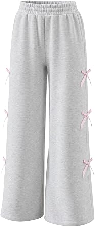 NEW 6-14 Years Girls Wide Leg Pants Cotton Bow Sweatpants Baggy School Casual Trousers with Pockets