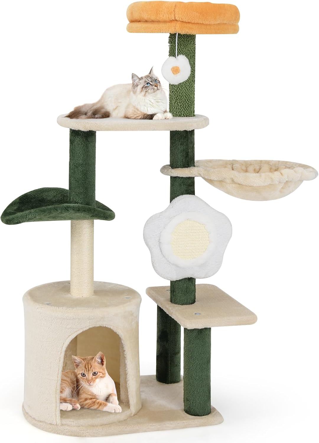 PETSITE 45 Inch Flower Cat Tree, Multi-Level Cat Tower with Scratching Posts, Flower-Shaped Sisal Scratching Board, Soft Perch, Side Basket, and Dangling Toy, Cute Cat Tree Tower for Indoor Cats