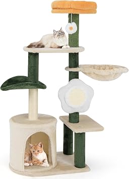 PETSITE 45 Inch Flower Cat Tree, Multi-Level Cat Tower with Scratching Posts, Flower-Shaped Sisal Scratching Board, Soft Perch, Side Basket, and Dangling Toy, Cute Cat Tree Tower for Indoor Cats