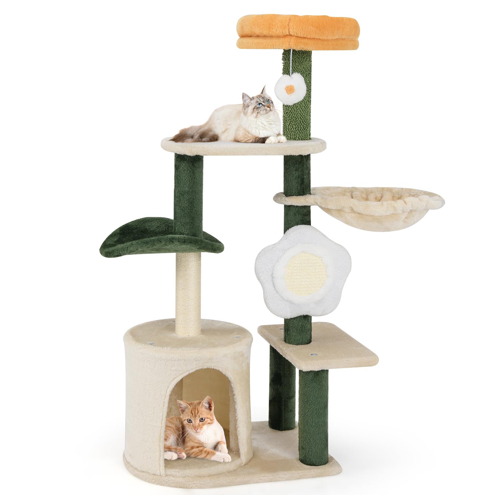 PETSITE 45 Inch Flower Cat Tree, Multi-Level Cat Tower with Scratching Posts, Flower-Shaped Sisal Scratching Board, Soft Perch, Side Basket, and Dangling Toy, Cute Cat Tree Tower for Indoor Cats