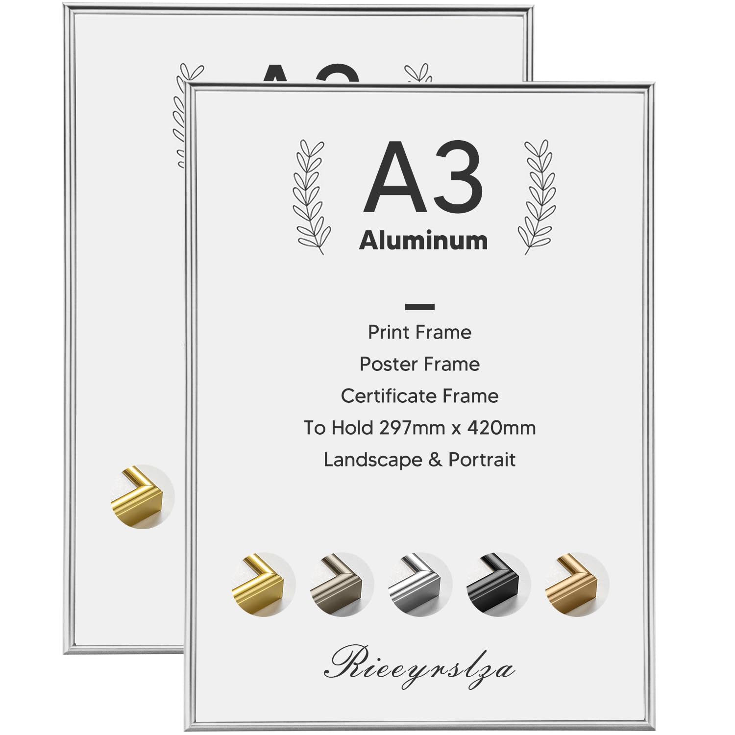 Rieeyrslza A3 Marco para Foto Aluminio Juego de 2 Marco de Fotos Certificados con Lámina Deflector Transparente Marcos para Pósteres Decoración de la Galería(Plata)
