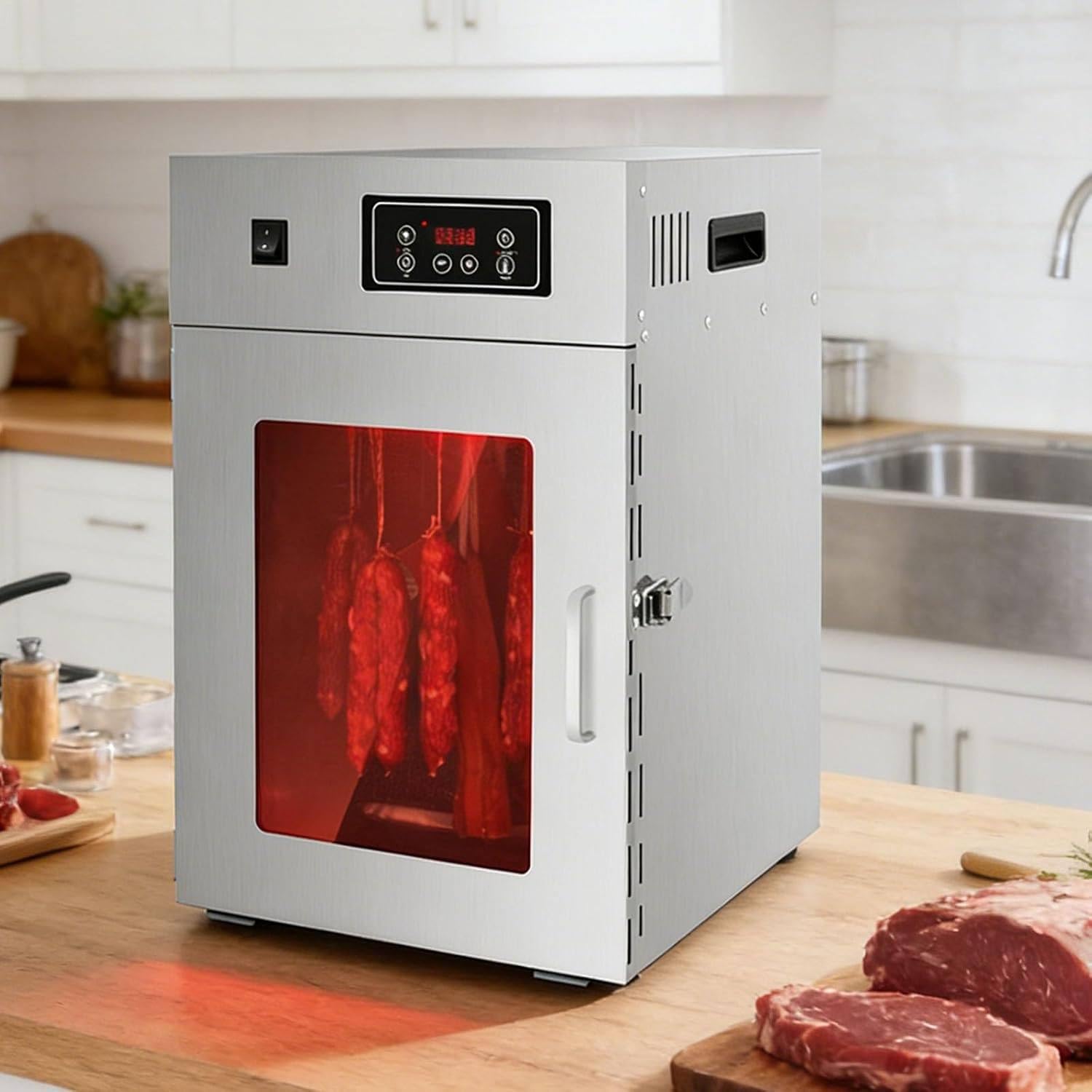 Elektryczny dehydrator do żywności, Maszynka do jerky wołowego, Komercyjna suszarka do mięsa, Obrotowa suszarka do kiełbas ze stali nierdzewnej 360°, Kontrola temperatury 30-90°C, Cyfrowy timer