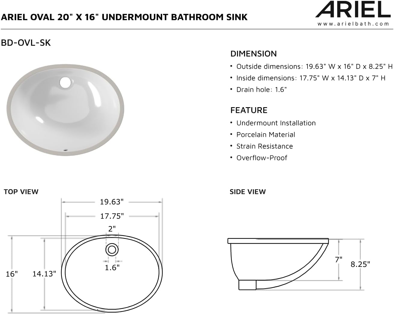 ARIEL 16" x 19.63" Oval Undermount Bathroom Sink Vanity In White, Porcelain UPC Certified Material, Space-Saving, Overflow-Proof, Modern Design
