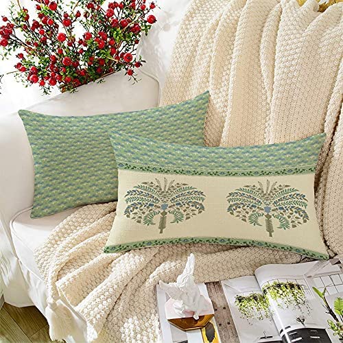 BRICK HOME Set of 2 Polycotton Printed Cushion Covers 12x18 Inches | Traditional Palm & Floral Design | Mint Green, Blue & Beige | Soft Decorative Pillow Covers for Sofa, Couch & Living Room-image-47