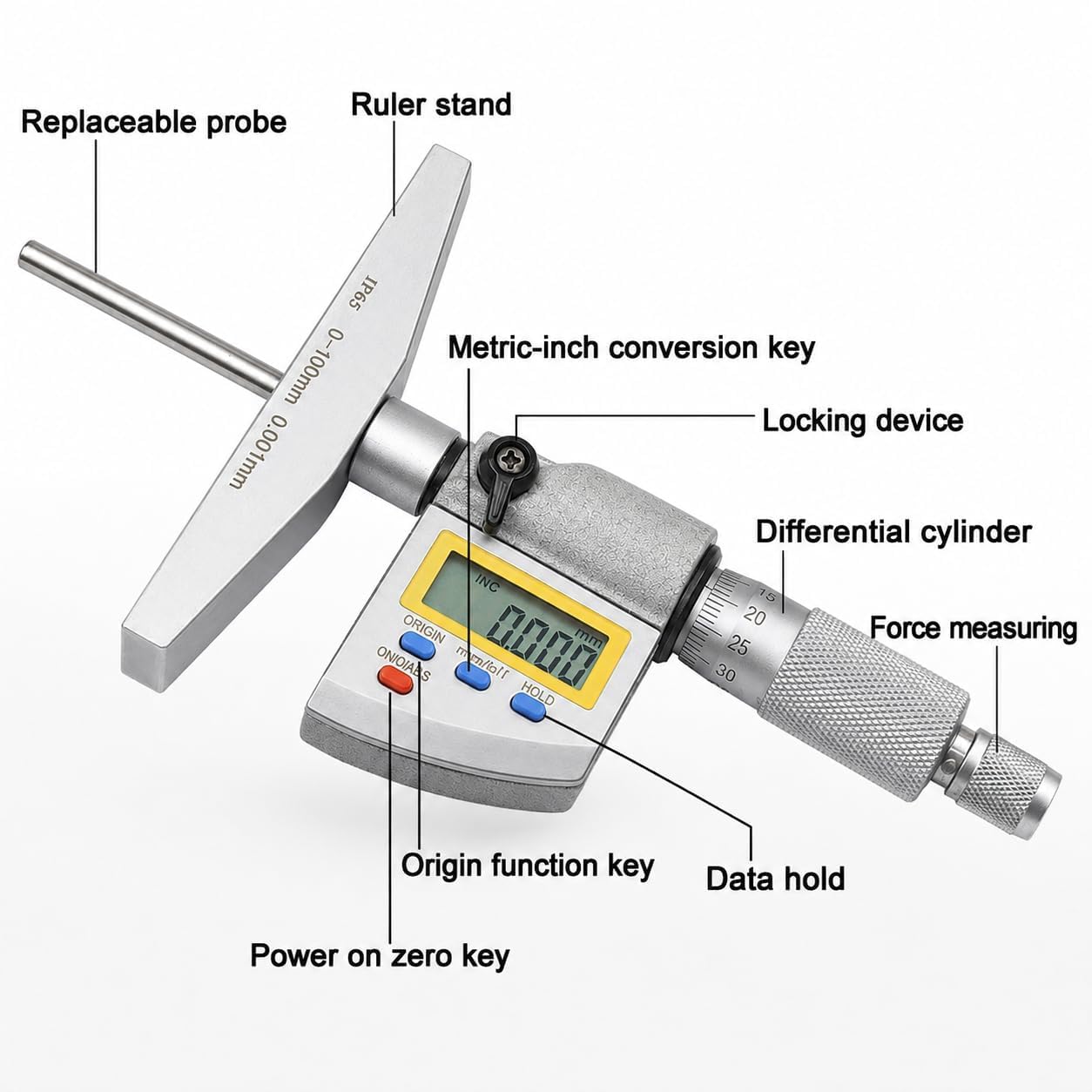 Medidor de profundidad digital IP65 con resolución de 0,001 mm y rango de medición de 0 a 100 mm.