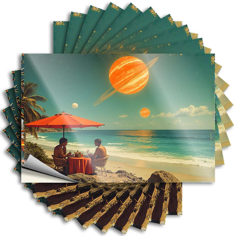 Two People Enjoying A Meal On A Beach with Planets in The Sky Case Fun - Space Funny Sticker Self Adhesive Sticker(12X18CM)