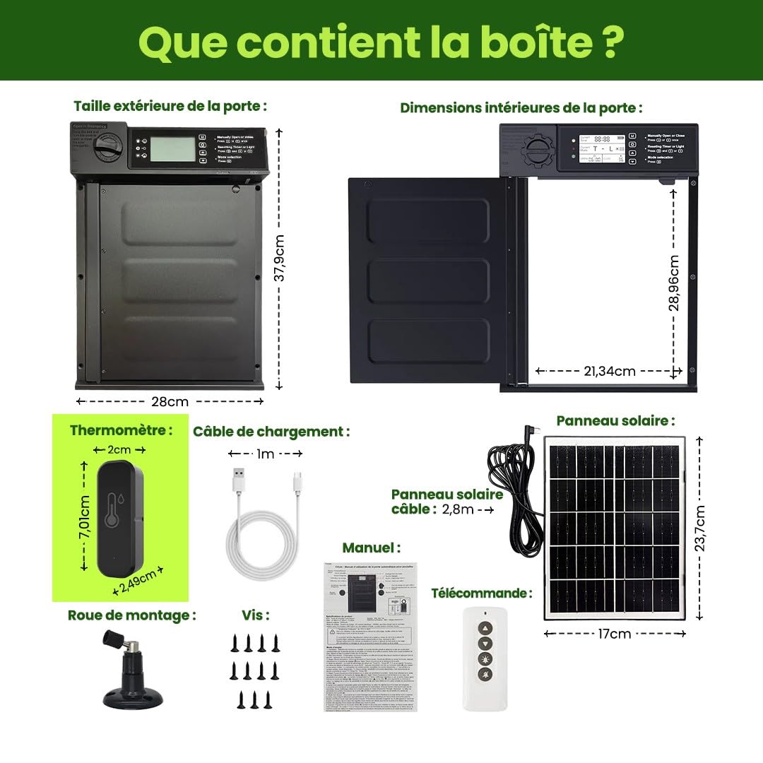 Porte Poulailler Automatique Solaire | Température & Humidité Idéales pour la Santé des Poules | Utilisation & Installation Ultra Simples | Aluminium Renforcé Tout Temps | Autonomie Longue durée