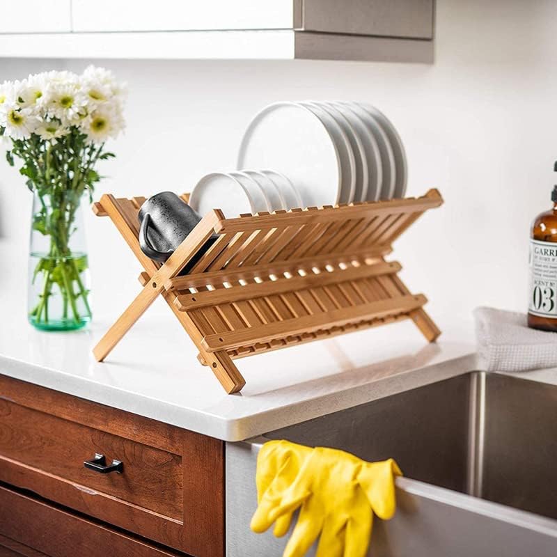 GOTOTOP Dish Rack, 2Tier Cross Dish Drainers ,Foldable Dish Drying Rack Natural Plate Rack Drainer Draining Board Wooden Bowl Plate Cutlery Dryer Draining Rack Holder for Home Kitchen