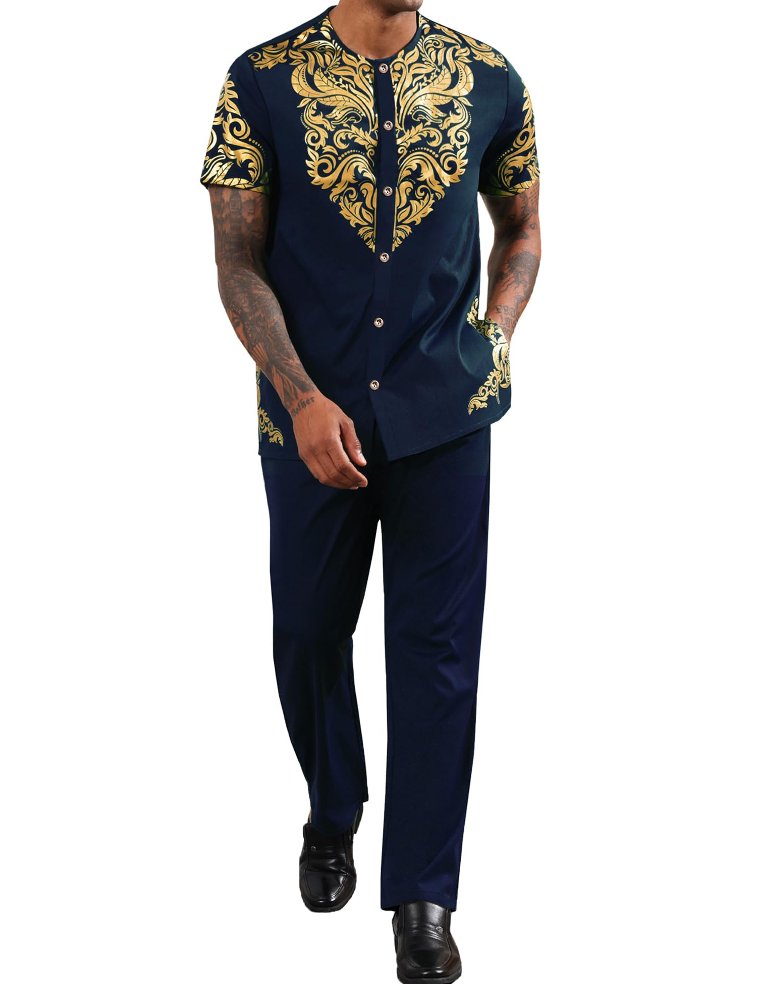 ZSJR Mens African 2 Piece Set Nigerian Dashiki Metallic Short Sleeve Suit Gold Stamp Printed Shirt and Pants Outfit
