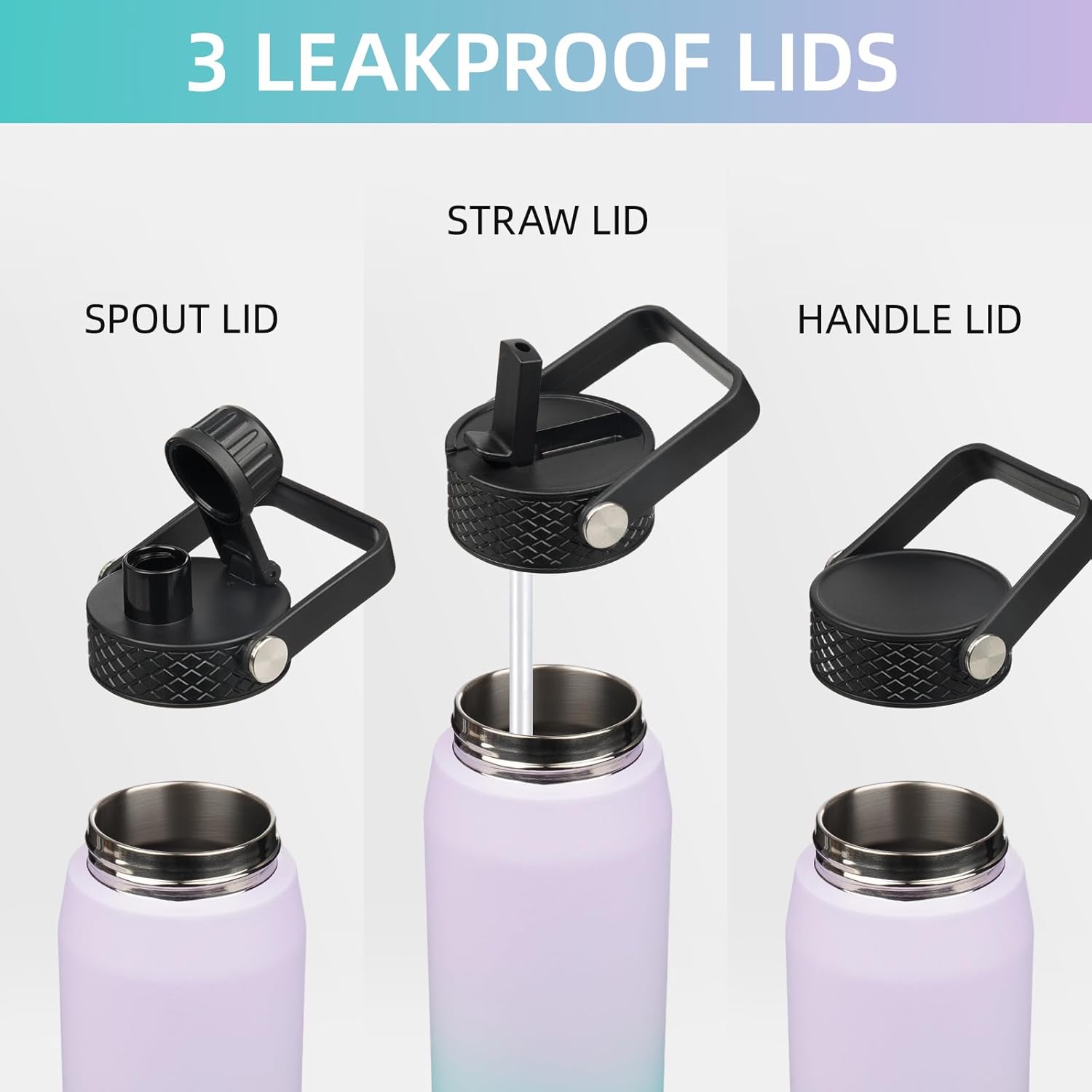 40oz Insulated Stainless Steel Water Bottle with Straw and 3 Lids, BPA-Free Sports Water Bottle,travel water bottle,Oasis - Image 3