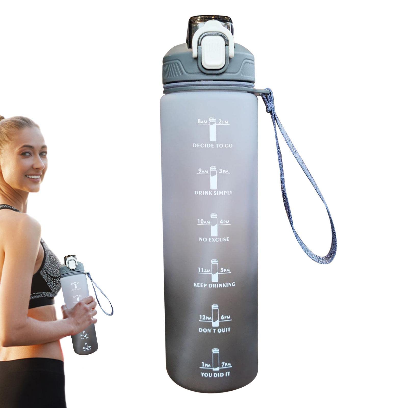 Daily Water Intake Bottle - Fitness Drinking Bottle 1000Ml,Leak-proof Straw Strap Drinking Container and Time Marker for Baseball, Football, Gym, Football Saiki - blackone