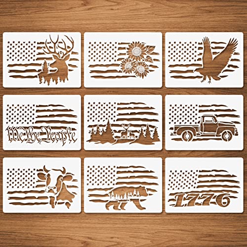 9 Pcs American Flag Stencils - We The People, Deer 1776, Cow Bear Sunflower for Painting, Wood Burning on Wood, Canvas, Walls, Fabric - Patriotic Stencils (8.3