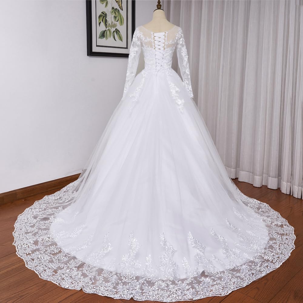 Abito da Sposa principesco Pizzo Scollo Rotondo Manica Lunga Grand Vestito da Sposa Lungo Treno BA-N-OL