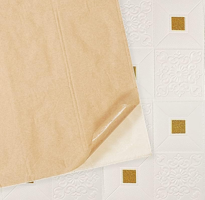 Image of 3D White Brick Wallpaper with Golden Tikdi Self Adhesive PE Foam Wall Sticker for Home Living Room Bedroom Kitchen Hotel DIY Wall Decor ((45, White with Goldan Square Wallpaper)