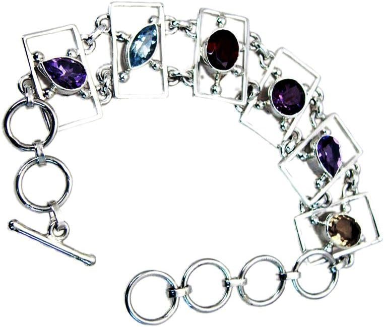 Real Multi Gemstone Link Style Bracelets for Girls Sterling Silver Toggle Clasps L 6.5-8 Inch