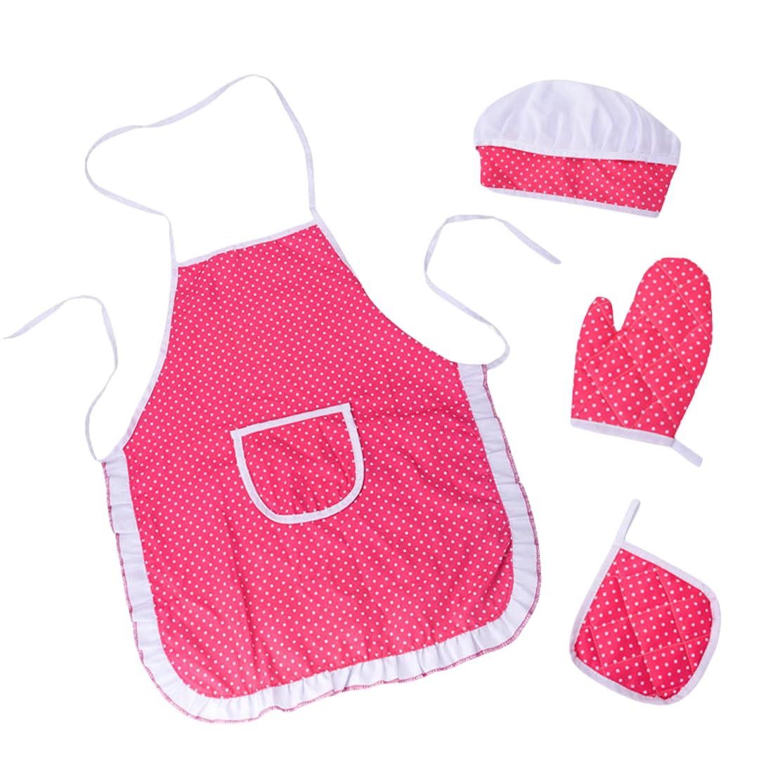 KSJEHW Juego Delantal y Gorro Chef para Niños, Delantal de Cocina Niños con Gorro Cocinero Blanco, Niños Delantal de Chef Guantes de Horno, Almohadilla Resistente al Calor para 3 a 12 Años (Rosa Roja)
