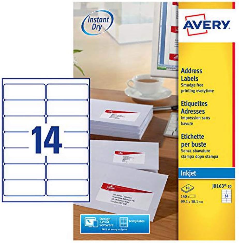 Avery Self Adhesive Address Mailing Labels, Inkjet Printers, 14 Labels per A4 Sheet, 140 Labels