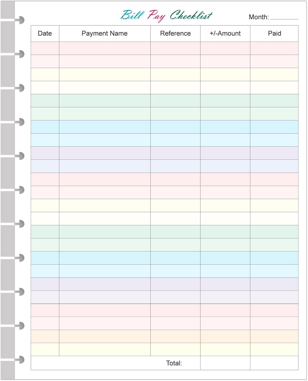 A4 TUL Bill Payment Checklist Refills - 50 Sheets/100 Pages Letter Size Monthly Budget Forms for 11-Disc Discbound Budget Planners, 8.5" x 11"