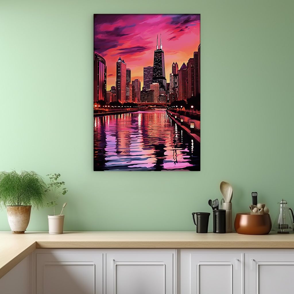 Canvas for Living room. Sunset Serenade Over Chicago's Skyline Embracing Willis Tower and the Whispering River, 27 x 18 inch Canvas Wall Art - Skylines And Cityscapes - Modern Home Decor
