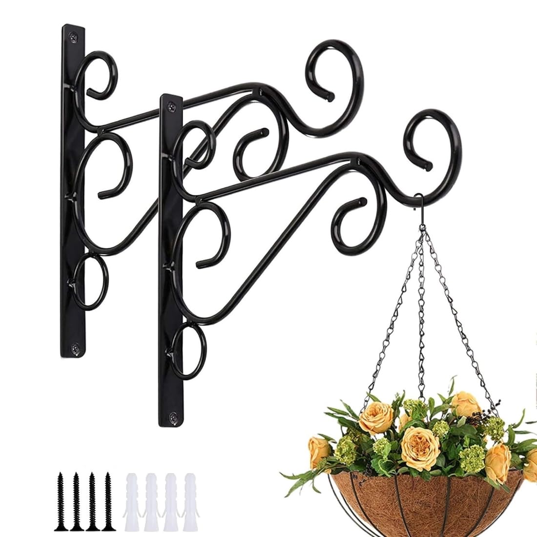 PRIME KRAFTS Pack of 2 Wall Mounted Hanging Plant Bracket for Indoor and Outdoor Decoration | Metal Bracket Hanger for Flower Basket, Wind Chimes, Bird Feeders and Lantern (RNG - Black) (B0D8W8L4Y9) Amazon Price History, Amazon Price Tracker