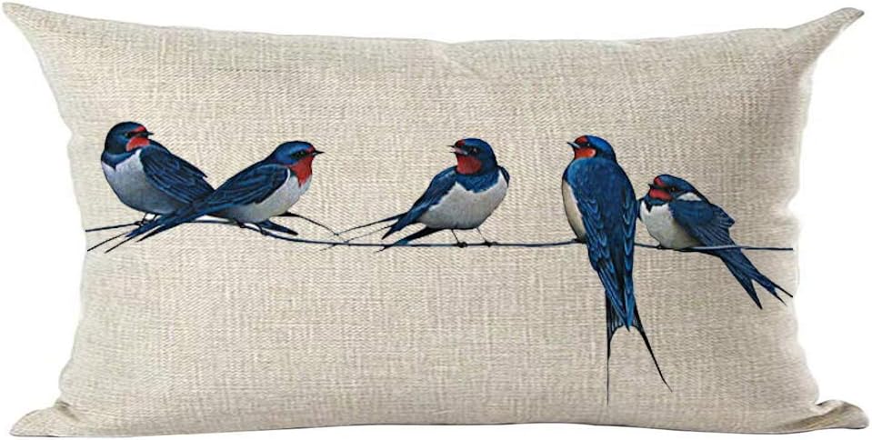 Ramirar Ink Painting Watercolor Blue Lovely Birds Animal Lover Decorative Lumbar Throw Pillow Cover Case Home Living Room Bed Sofa Car Cotton Linen Rectangular 12 x 20 Inches