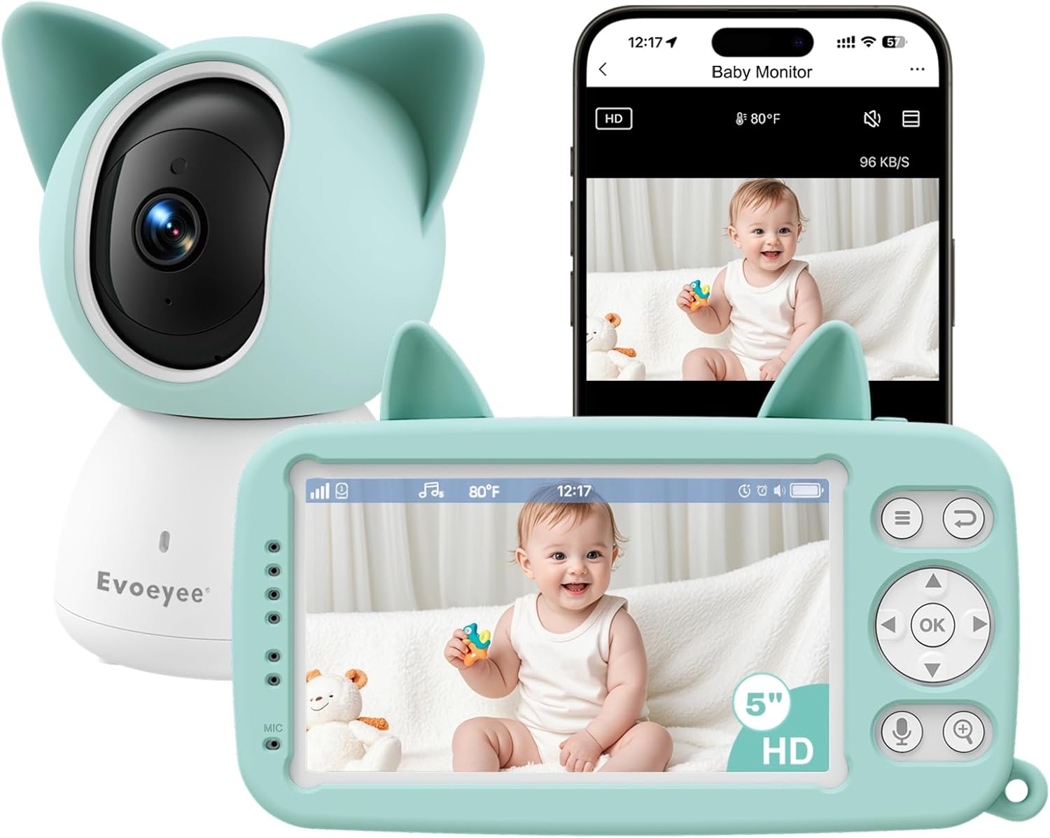 Dual-Mode Baby Monitor with Camera & Audio, Non-WiFi & WiFi with APP, 5" HD Display, 1080P FHD Camera, Cute Cat-Inspired Cover, 2-Way Talk,Cry & Motion Detection, Night Vision, Video Recording