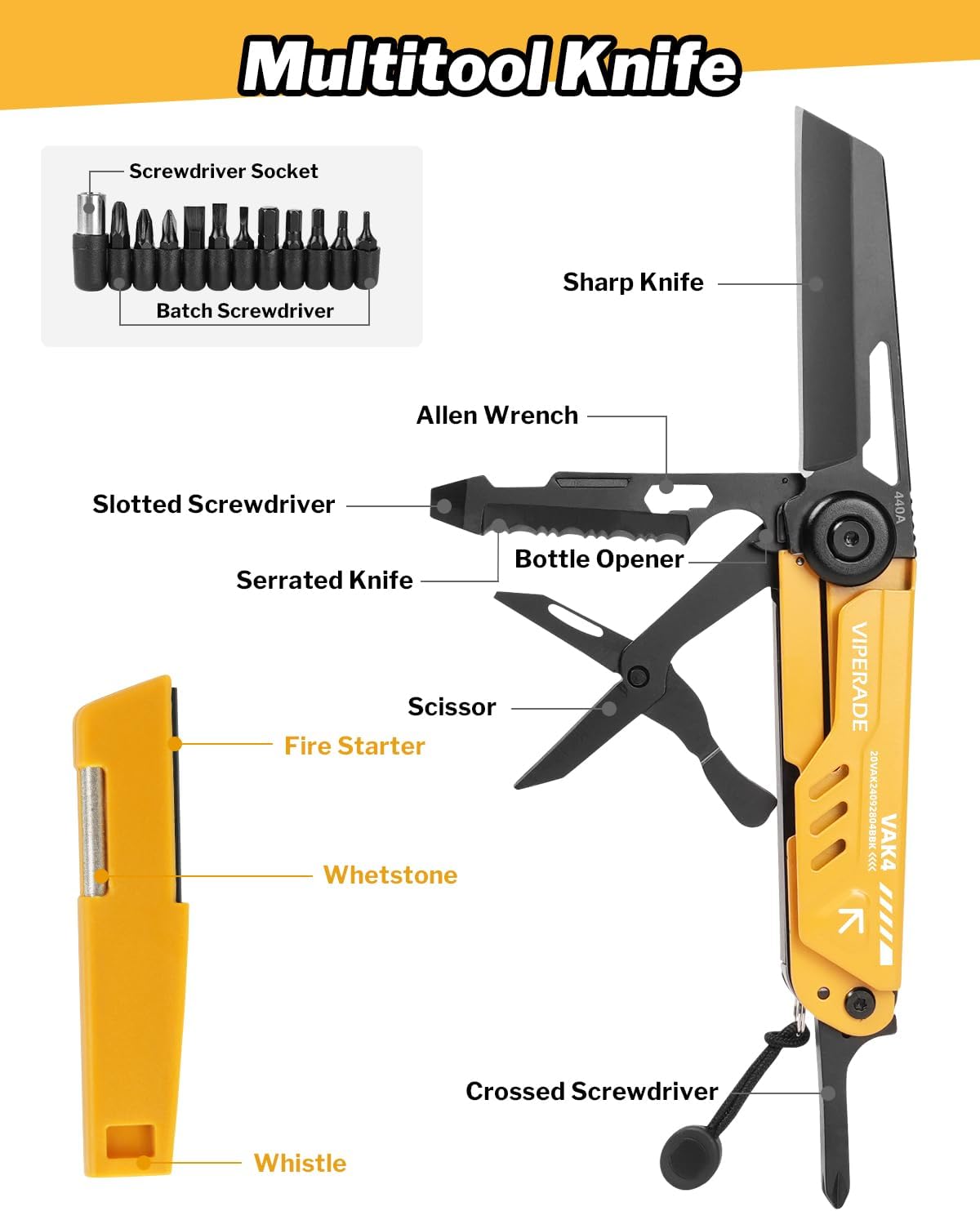 VIPERADE VAK4 Multitool Pocket Knife for Men, Multifunctional 21-in-1 Multitool Pocket Knife with Pouch, Outdoor Camping Survival and Everyday Use (K4-Yellow)