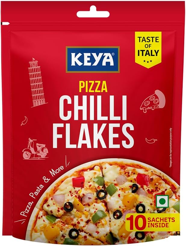 Keya Pizza Chilli Flakes Multipack 20g | 10 sachets inside of 2g | Dry Red Chilli Flakes Seasonings | Aromatic Spicy Dried Pizza Pasta Seasoning | Zero added Colours, Fillers, Additives & Preservatives | 100% Natural | 20g