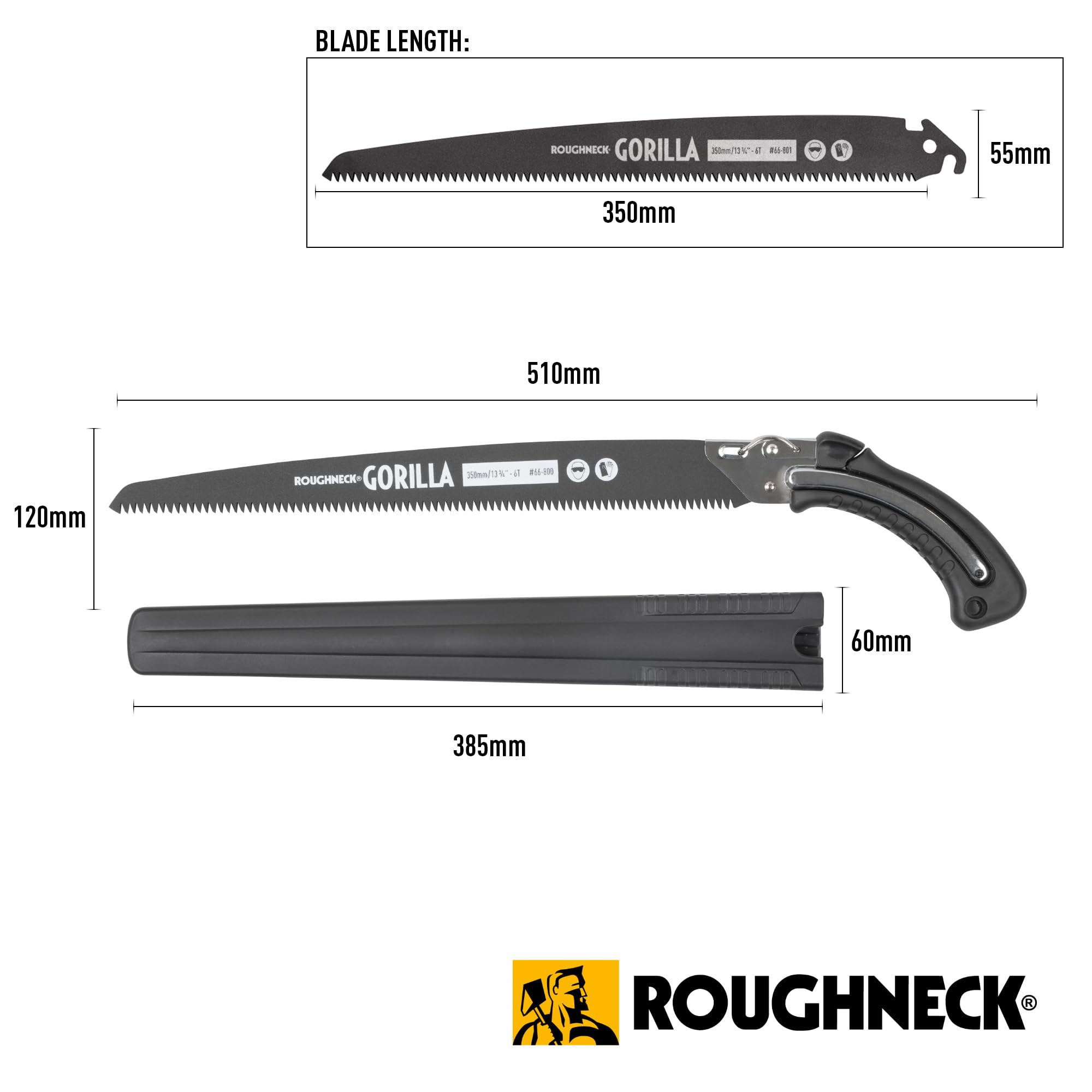 Scie d'élagage Roughneck Gorilla Fast Cut avec lame de 350 mm, denture triple affûtée et revêtement PTFE, acier chromé, poignée en caoutchouc antidérapante avec œillet pour dragonne et étui