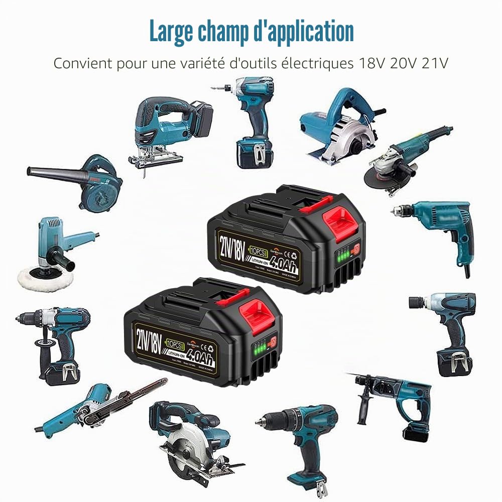 2 pièces 21 V 4,0 Ah Batterie pour outils électriques, batteries pour taille-haies, tondeuses, souffleurs à feuilles, taille-haies, aspirateurs à feuilles, nettoyeurs haute pression, coupe-bordures