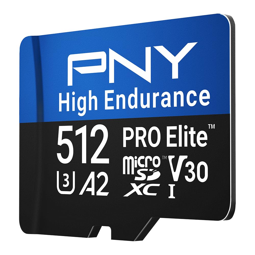 PNY 512GB Scheda microSDXC PRO Elite™ High Endurance C10 U3 V30 A2 – Velocità di lettura/scrittura fino a 100/90MB/s, 4K UHD, Full HD, UHS-I, sorveglianza, sicurezza, dash cam