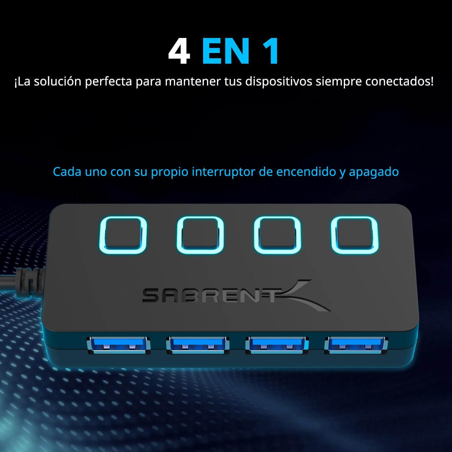 SABRENT Hub de 4 Puertos con interruptores de alimentación Individuales y Leds | USB 3.0 | Incluye Adaptador de Corriente de 5V/2.5A | para PS5, Xbox, PC, Ordenador portátil, Gaming [HB-UMP3]