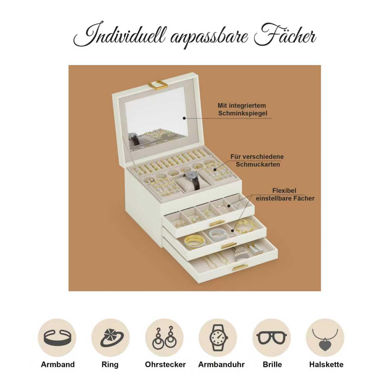 ADEL DREAM Schmuckkästchen Schmuckkasten mit 4 Ebenen Schmuckbox mit Verschluss große Schmuckstücke Schmuckaufbewahrung Geschenke für Damen Töchter und Freunde an Geburtstagen Cremefarben