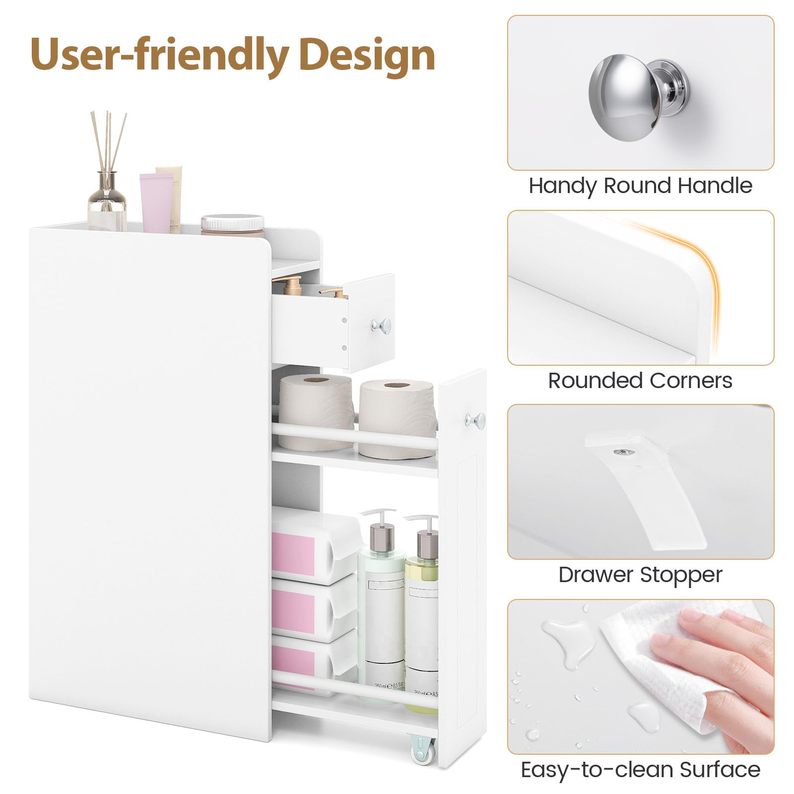 LIFEZEAL Armario de Baño Pequeño con Cajón, Estantería Estrecha con Ruedas, Carrito Nicho para Lavandería, Salón y Baño, 40 x 18 x 70 cm (Blanco)