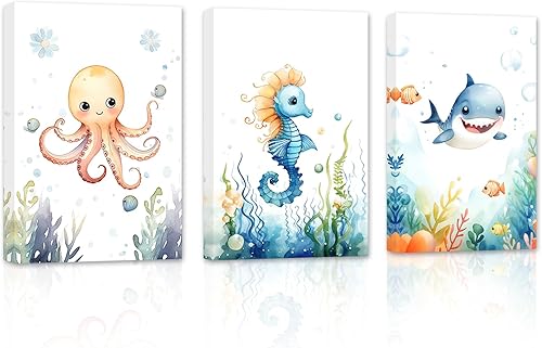 ZXHYWYM Arte de pared de 3 piezas para habitación del bebé, diseño de tiburón de pulpo, caballito de mar, tiburón, impresiones sobre lienzo,