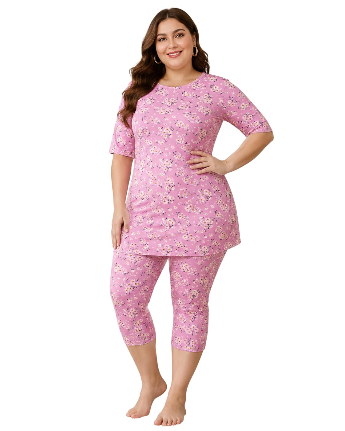 Women Plus Size Summer Capri Set for Ladies Cotton Blend Fabric Half Sleeve Night Suit Soft Breathable Lounge Wear with Printed Capri Pajama Set-image-47
