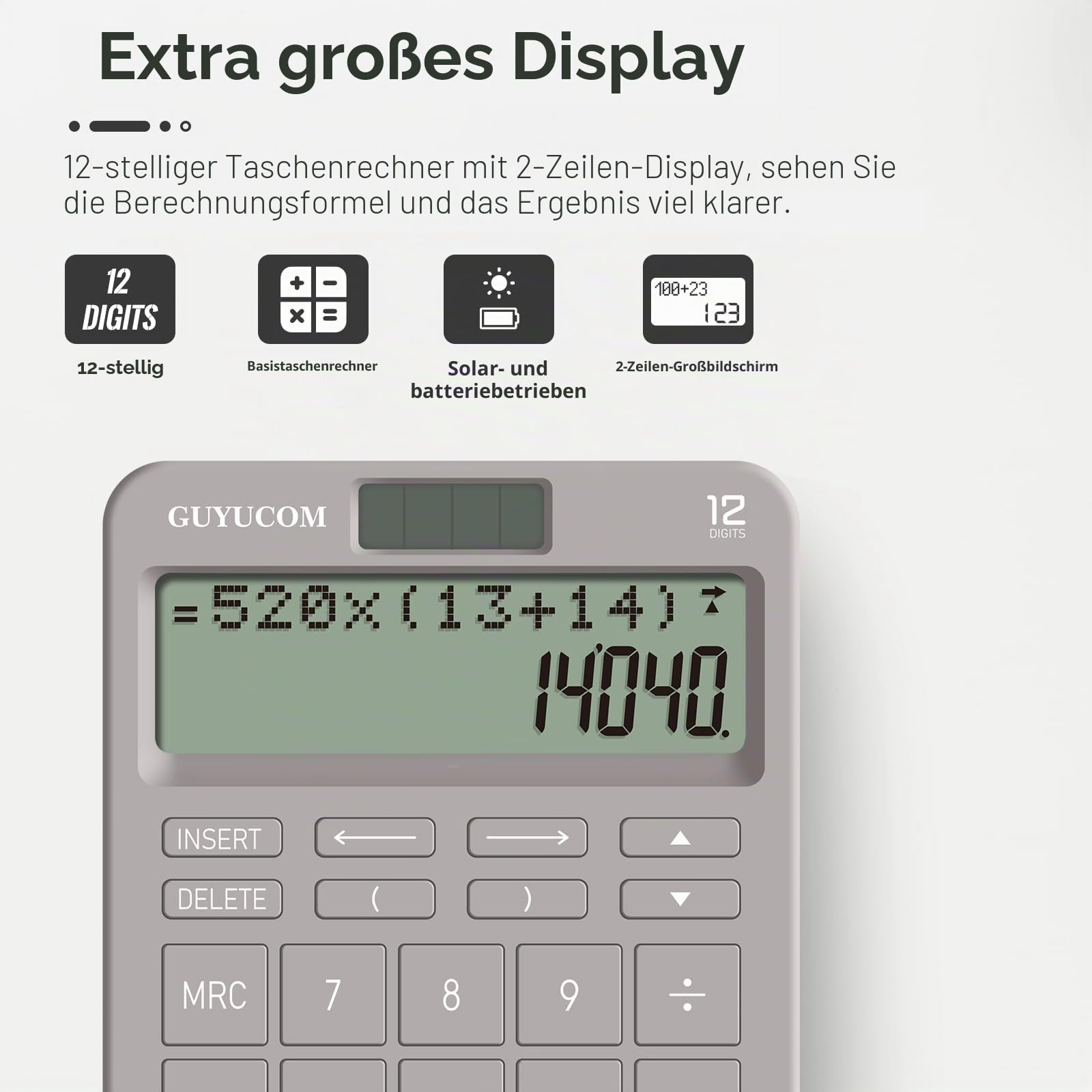 GUYUCOM Tischrechner mit verbesserter Verlaufsaufzeichnung und Track-Back-Funktion, 2-zeiliges großes klares LCD-Display, 12-stellig, große empfindliche Taste, grau