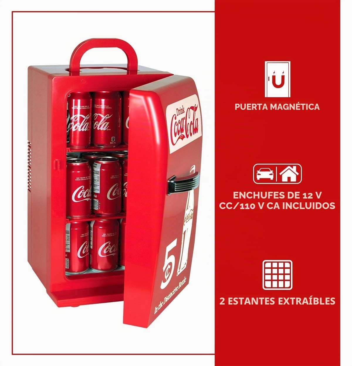 Coca-Cola Mini nevera retro de 18 latas con cables de 12 V CC y 110 V CA, 22 L (23 cuartos de galón), enfriador portátil, rojo, refrigerador de viaje para bebidas, aperitivos, almuerzo, hogar,