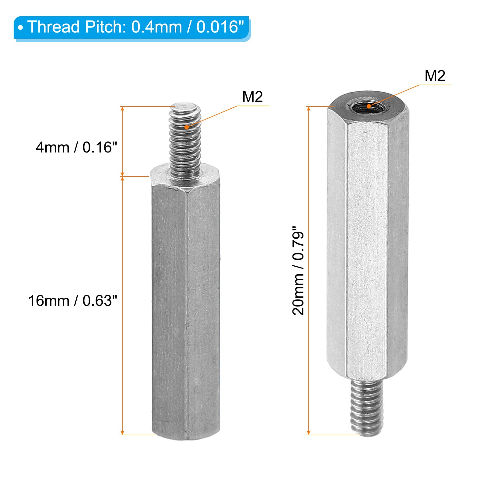PATIKIL M2x16mm+4mm Male-Female Hex Standoff, 20 Pack Stainless Steel PCB Standoffs Screws for Motherboards Computer Cases - Image 2