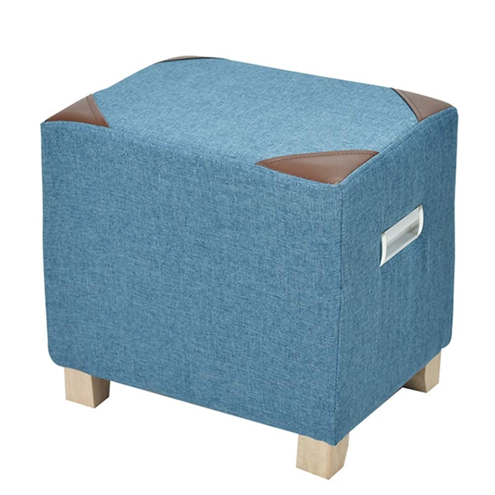 Pouf grand rangement bleu en lin 40x30x40cm avec pieds en bois massif