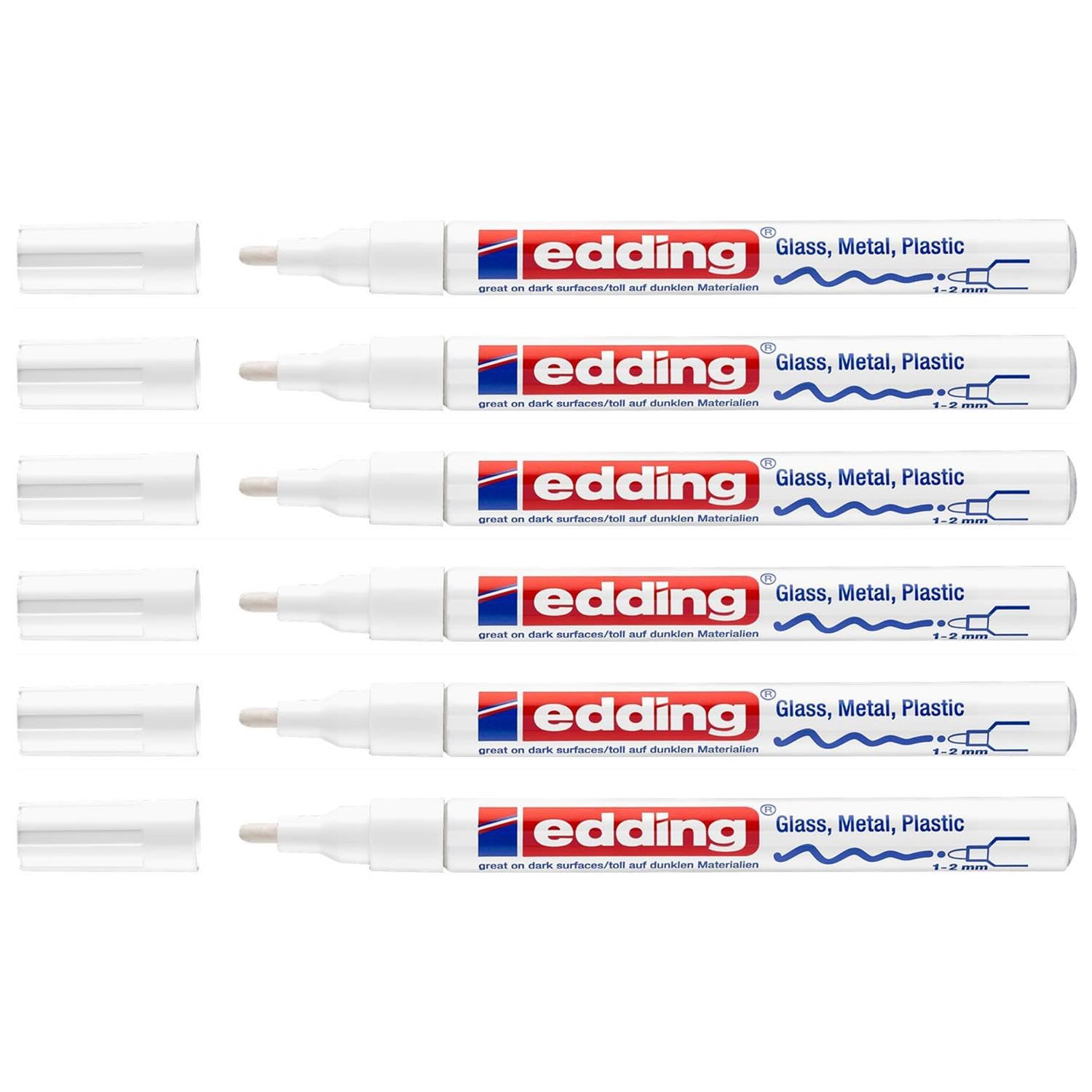 EDDING - Lote de 6 rotuladores de pintura brillante 751, punta media, 1-2 mm, color blanco